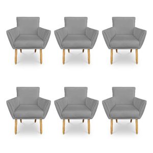 Kit 6 Poltronas Decorativa Leticia Suede Grafite Pés Palito Castanho - Pallazio