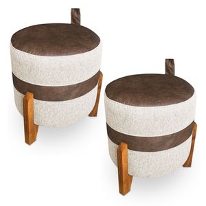 Kit 02 Puffs Le Mans Linho E Corano Nozes Base De Madeira - Pallazio Cor Linho Bege E Corano Nozes