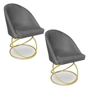 Kit 02 Cadeiras Poltrona De Jantar Bela Veludo Grafite Base Metálica Luxo Dourado - Pallazio