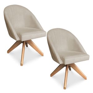 Kit 02 Poltronas Cadeira Giratória Bela Veludo Bege Base De Madeira - Pallazio