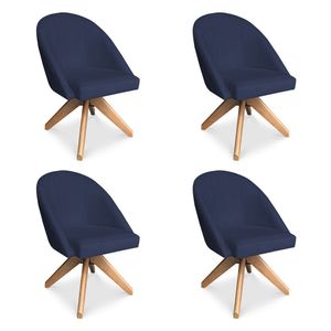 Kit 04 Poltronas Cadeira Giratória Bela Veludo Azul Marinho Base De Madeira - Pallazio