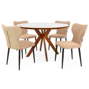 Conjunto Mesa De Jantar Redonda Marci Premium 120cm Branca Com 4 Cadeiras Estofadas Jacobsen - Bege
