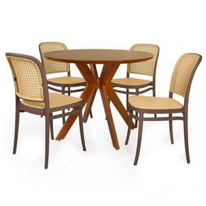 Conjunto Mesa De Jantar Redonda Marci Premium 100cm Natural Com 4 Cadeiras Roma - Marrom