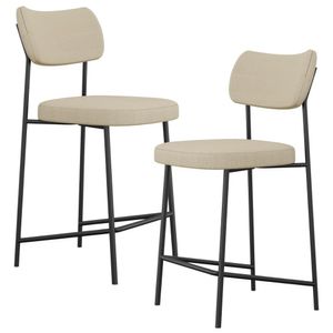 Kit 02 Banquetas Baixa Bar Cozinha Sala De Jantar Preto Melina L02 Linho Bege Escuro - Lyam Decor