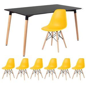 Kit - Mesa Retangular Eames 80 X 140 Cm Preto + 6 Cadeiras Dsw Amarelo Mesa Preto Com Cadeiras Amarelo