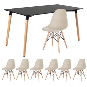 Kit - Mesa Retangular Eames 80 X 140 Cm Preto + 6 Cadeiras Dsw Nude Mesa Preto Com Cadeiras Nude