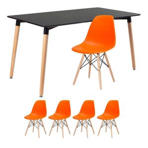 Kit - Mesa Retangular Eames 80 X 140 Cm + 4 Cadeiras Dsw Mesa Preto Com Cadeiras Laranja Mesa Preto Com Cadeiras Laranja