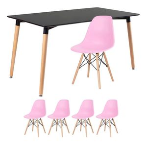 Kit - Mesa Retangular Eames 80 X 140 Cm + 4 Cadeiras Dsw Mesa Preto Com Cadeiras Rosa Mesa Preto Com Cadeiras Rosa