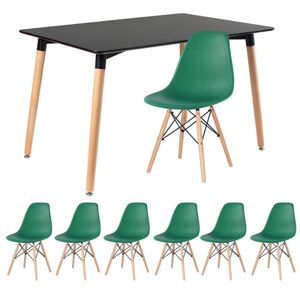 Kit - Mesa Retangular Eames 80 X 120 Cm Preto + 6 Cadeiras Dsw Verde Escuro Mesa Preto Com Cadeiras Verde Escuro