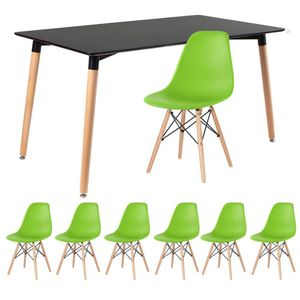 Kit - Mesa Retangular Eames 80 X 140 Cm Preto + 6 Cadeiras Dsw Verde Claro Mesa Preto Com Cadeiras Verde Claro