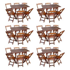 Kit 6 Conjuntos De Mesa Dobráveis De Madeira 70x110cm Com 6 Cadeiras Imbuia