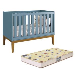 Berço Mini Cama Classic Azul Fosco Com Pés Amadeirado E Colchão Supreme - Reller Móveis Azul Fosco