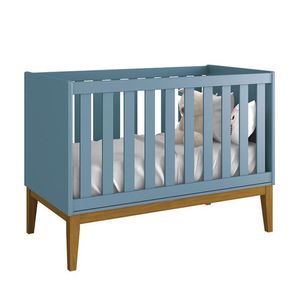 Berço Mini Cama Classic Azul Fosco Com Pés Amadeirado - Reller Móveis Azul Fosco