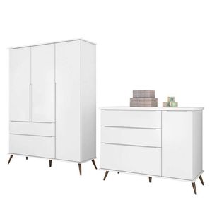 Jogo De Quarto Infantil Retrô Alice Guarda Roupa E Cômoda Com Porta Branco - Pr Baby Branco