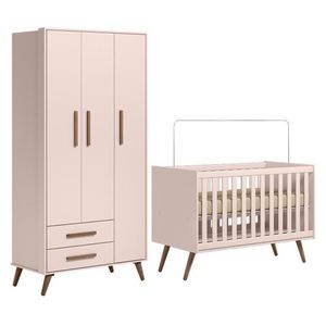 Jogo De Quarto Infantil Q Encanto Retrô Com Guarda Roupa E Berço Rosa - Qmovi Rosa