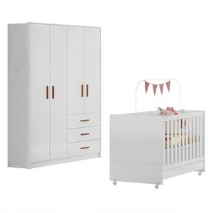 Jogo De Quarto Infantil Pérola Guarda Roupa E Berço Branco - Peternella Móveis Branco