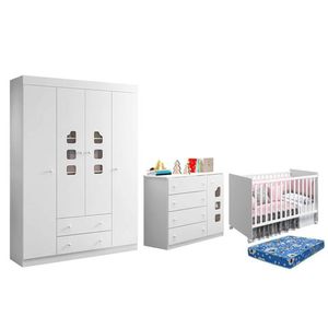Dormitório Lívia Guarda Roupa, Cômoda E Berço Tico Branco Com Colchão Physical - Phoenix Baby Branco
