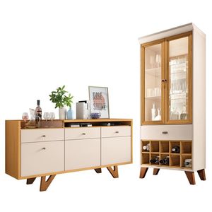 Sala De Jantar Com Cristaleira ópera E Buffet Aparador Sollare Off White-cinamomo - Hb Móveis Off White-cinamomo
