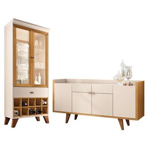 Sala De Jantar Com Cristaleira ópera E Buffet Aparador Melodia Off White-cinamomo - Hb Móveis Off White-cinamomo