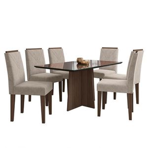 Mesa De Jantar Ana 160x90 Com 6 Cadeiras Amanda Imbuia-preto-bege - Pr Móveis Imbuia-preto-bege