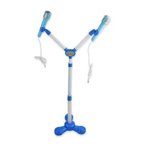 Kit Microfone Infantil Duplo Com Pedestal Luz Led E Som Karaoke Rock Hero Squad