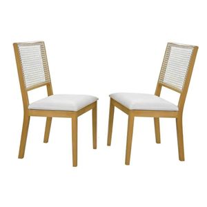 Conjunto 2 Cadeiras De Jantar Jade Com Rattan Couro Pérola Com Pés Em Madeira