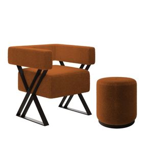 Kit Poltrona E Puff Decorativo Kira Estilo Industrial Bouclé Terracota