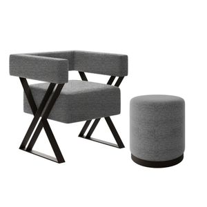 Kit Poltrona E Puff Decorativo Kira Estilo Industrial Linho Cinza