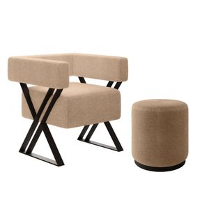 Kit Poltrona E Puff Decorativa Frida Estilo Industrial Bouclé Bege