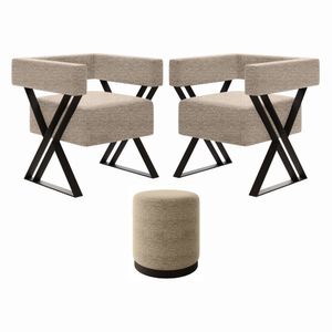 Kit 2 Poltrona E Puff Decorativo Frida Estilo Industrial Linho Bege