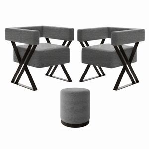 Kit 2 Poltrona E Puff Decorativo Kira Estilo Industrial Linho Cinza