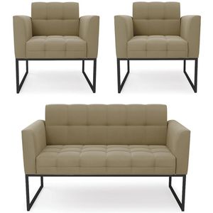 Sofá Namoradeira E 2 Poltronas Base Industrial Preto Ana Suede Marrom Rt - Ibiza