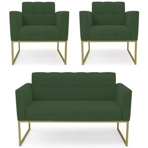 Sofá Namoradeira E 2 Poltronas Base Industrial Dourado Ana Veludo Verde - Ibiza