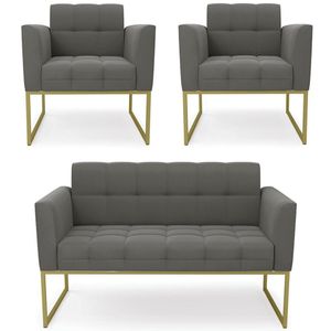 Sofá Namoradeira E 2 Poltronas Base Industrial Dourado Ana Suede Grafite - Ibiza
