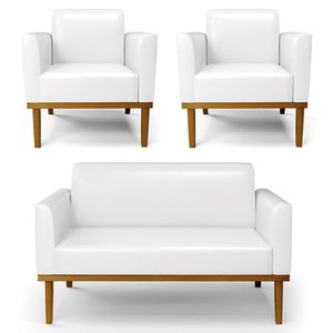 Sofá Namoradeira E 2 Poltronas Base Madeira Castanho Maressa Sintético Pu Branco - Ibiza