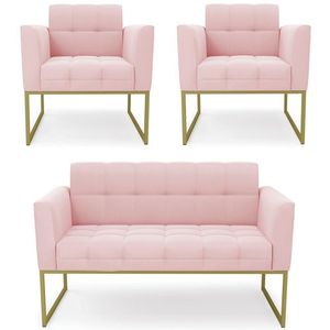 Sofá Namoradeira E 2 Poltronas Base Industrial Dourado Ana Suede Rosa Bebê - Ibiza