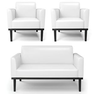 Sofá Namoradeira E 2 Poltronas Base Madeira Preto Maressa Sintético Pu Branco - Ibiza