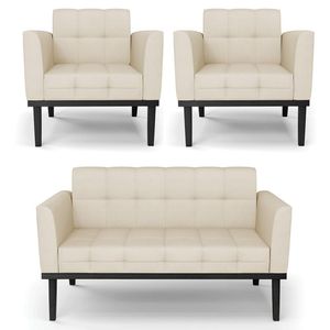 Sofá Namoradeira E 2 Poltronas Base Madeira Preto Ana Veludo Luxo Off White - Ibiza