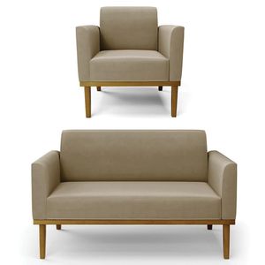 Sofá Namoradeira E 1 Poltrona Base Madeira Castanho Maressa Suede Marrom Rt - Ibiza