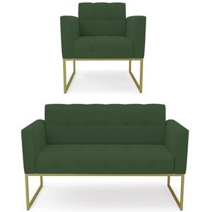 Sofá Namoradeira E 1 Poltrona Base Industrial Dourado Ana Veludo Verde - Ibiza