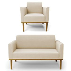 Sofá Namoradeira E 1 Poltrona Base Madeira Castanho Maressa Suede Bege - Ibiza