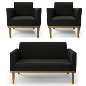 Sofá Namoradeira E 2 Poltronas Base Madeira Castanho Maressa Suede Preto - Ibiza