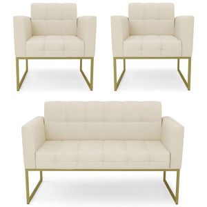 Sofá Namoradeira E 2 Poltronas Base Industrial Dourado Ana Linho Bege - Ibiza