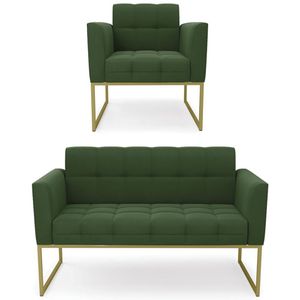 Sofá Namoradeira E 1 Poltrona Base Industrial Dourado Ana Suede Verde - Ibiza