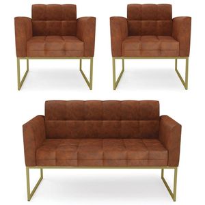 Sofá Namoradeira E 2 Poltronas Base Industrial Dourado Ana Sintético Pu Nozes - Ibiza