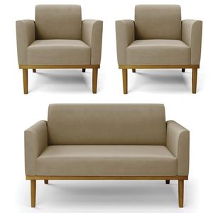 Sofá Namoradeira E 2 Poltronas Base Madeira Castanho Maressa Suede Marrom Rt - Ibiza