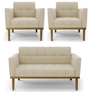 Sofá Namoradeira E 2 Poltronas Base Madeira Castanho Ana Suede Bege - Ibiza