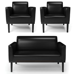 Sofá Namoradeira E 2 Poltronas Base Madeira Preto Maressa Sintético Pu Preto - Ibiza