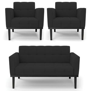 Sofá Namoradeira E 2 Poltronas Base Madeira Preto Ana Veludo Preto - Ibiza