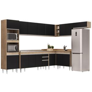 Armário De Cozinha Modulada De Canto 8 Peças Cp09 Balcão Com Pia Inox Castanho/preto - Lumil